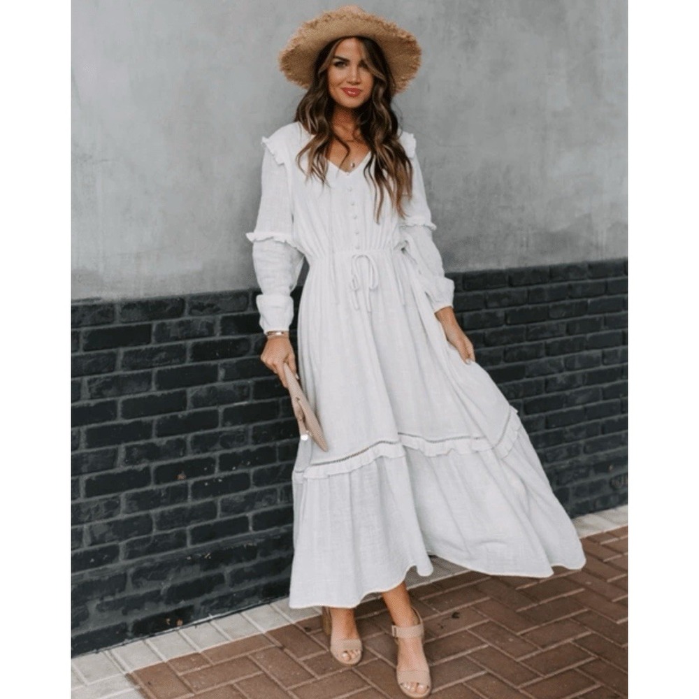 VICI Ruffled Tiered Cotton Gauze Peasant Dress Maxi Cottagecore Womens Small